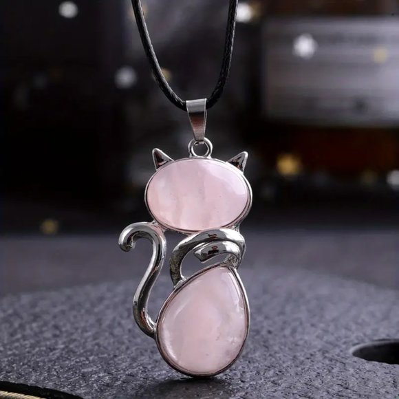 Rose Quartz Natural Stone Cute Cat Pendant Necklace - Picture 2 of 3